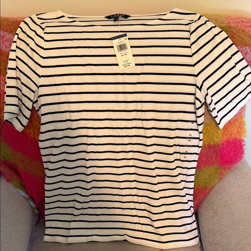 NWT Lauren Ralph Lauren White and Navy Striped Short Sleeve Tee